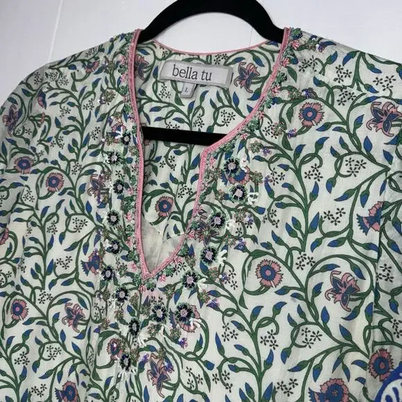 Bella Tu Women’s Delphine Cap Sleeve Dress Floral Beaded Detail Resort Size L - Picture 4 of 6